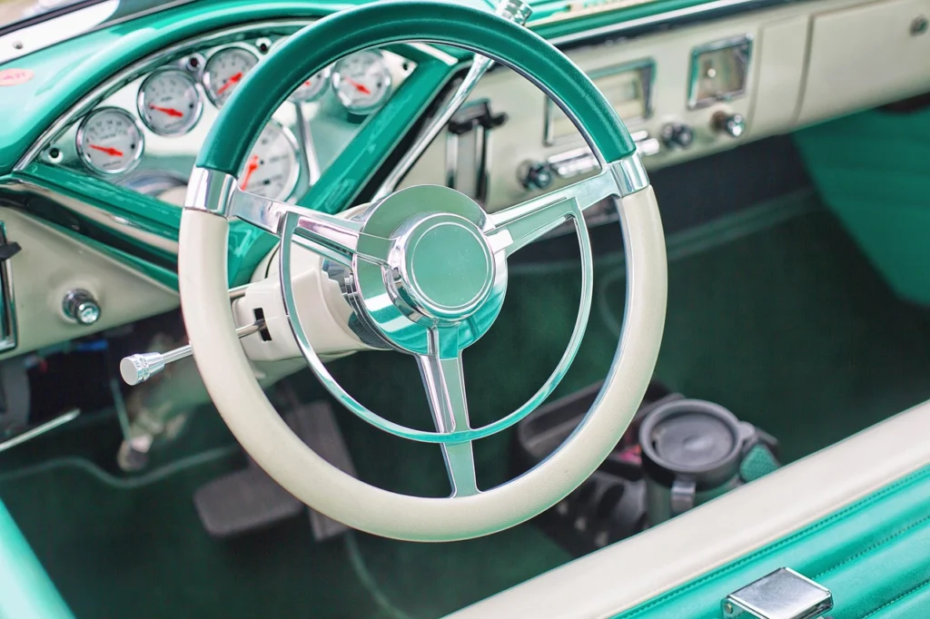 Classic car dashboard and steering wheel