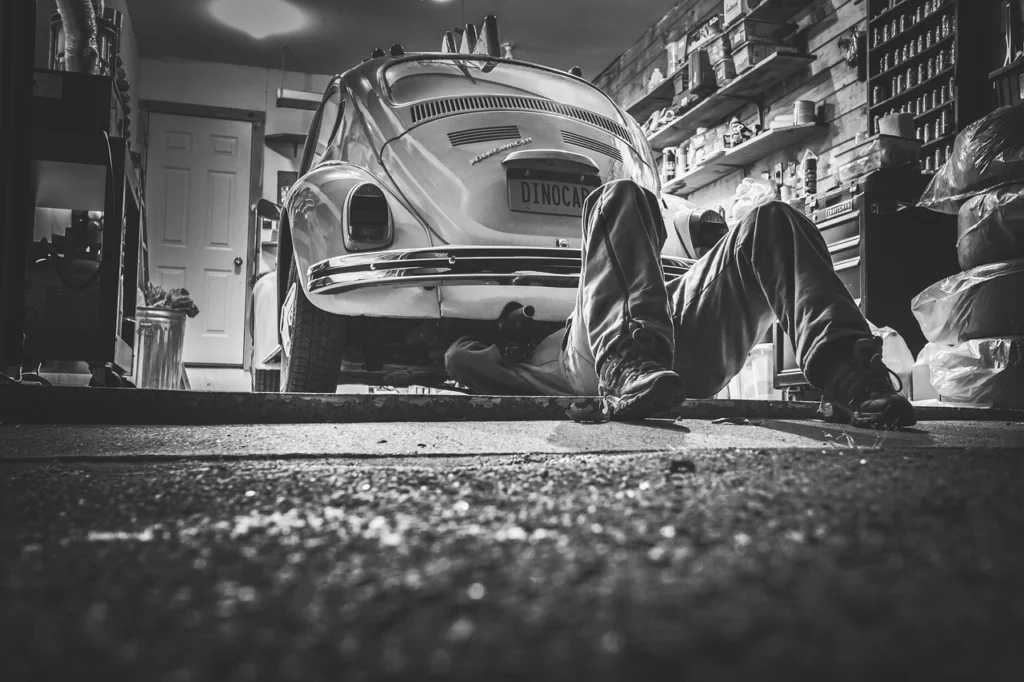 Vintage classic car inside a garage